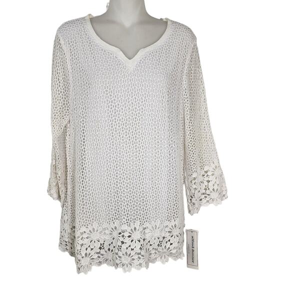 Alfred Dunner Tunic Top Womens Medium White Open Crochet 3/4 Sheer Sleeve Lined - Picture 1 of 9